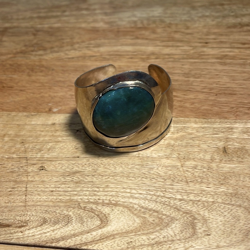 Rustic Silver Cuff Bangle Natural Gemstone Oval B… - image 1